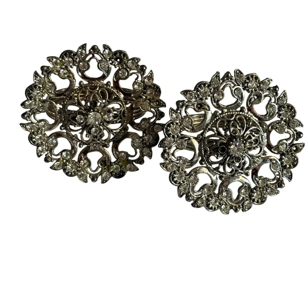 Vintage Filigree Rhinestone Napkin Rings Set of 2 Silver Tone Round Table Decor